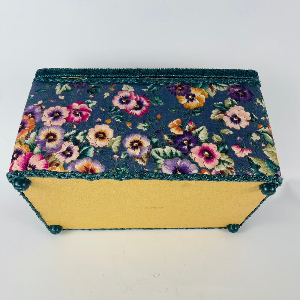Vintage Style Hobby Sewing Box Blue with Pansy Print Green Trim with Pin Cushion - Picture 7 of 8